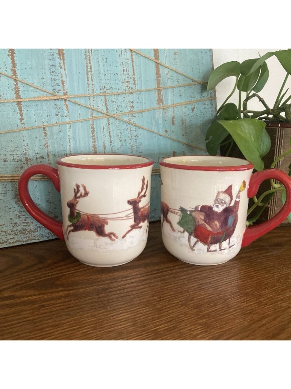 Williams Sonoma Santa & His Reindeer Coffee Cups Mugs Set of 2  2011
